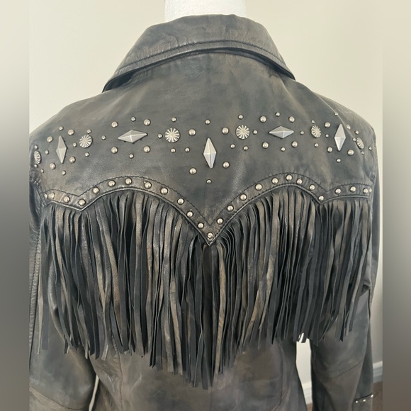 CRIPPLE CREEK | Distressed Leather Brown Studded Fringe Western Cowboy Jacket - Picture 9 of 12